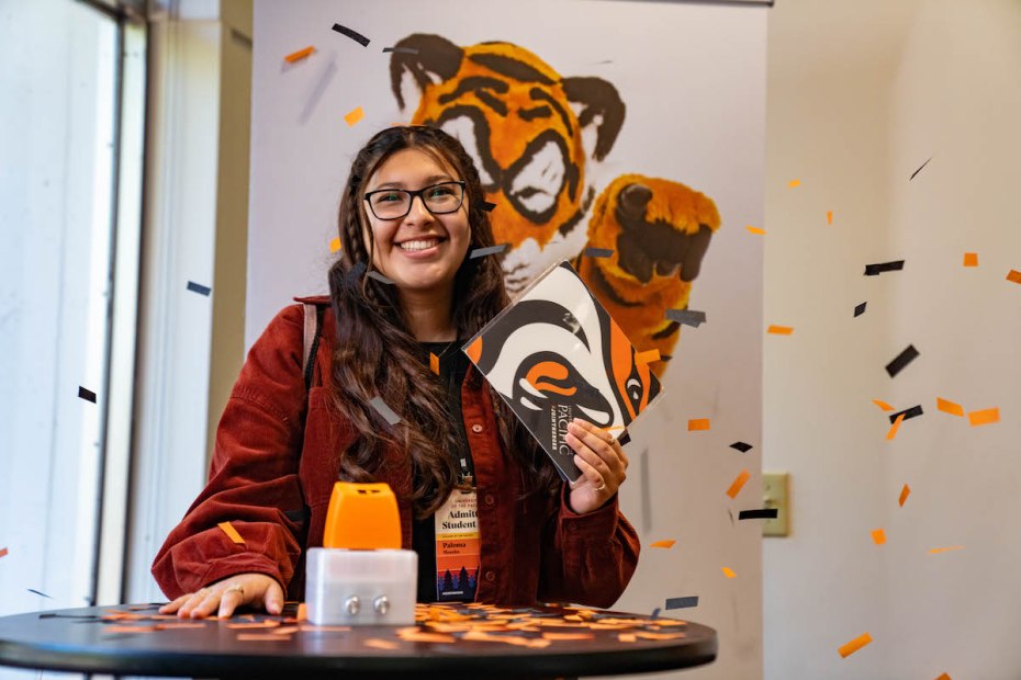 Student celebrates confirming her enrollment to Pacific at Admitted Student Day 2023.