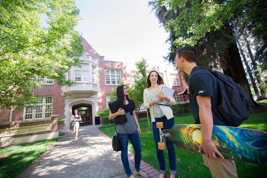 Students stand in front of the Eberhardt School of Business